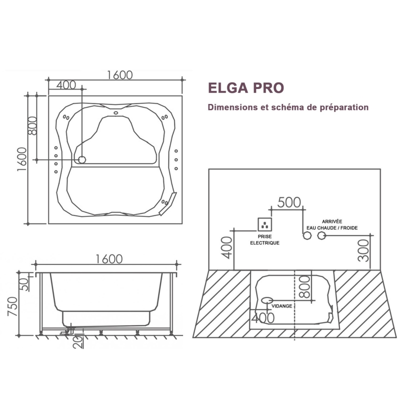 Baignoire Balnéo Archipel ELGA PRO  - Perle 160