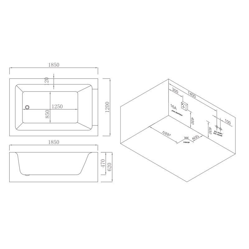 BAIGNOIRE BALNEO LORD DUO 2 PLACES ARCHIPEL® 185X120 - DROITE