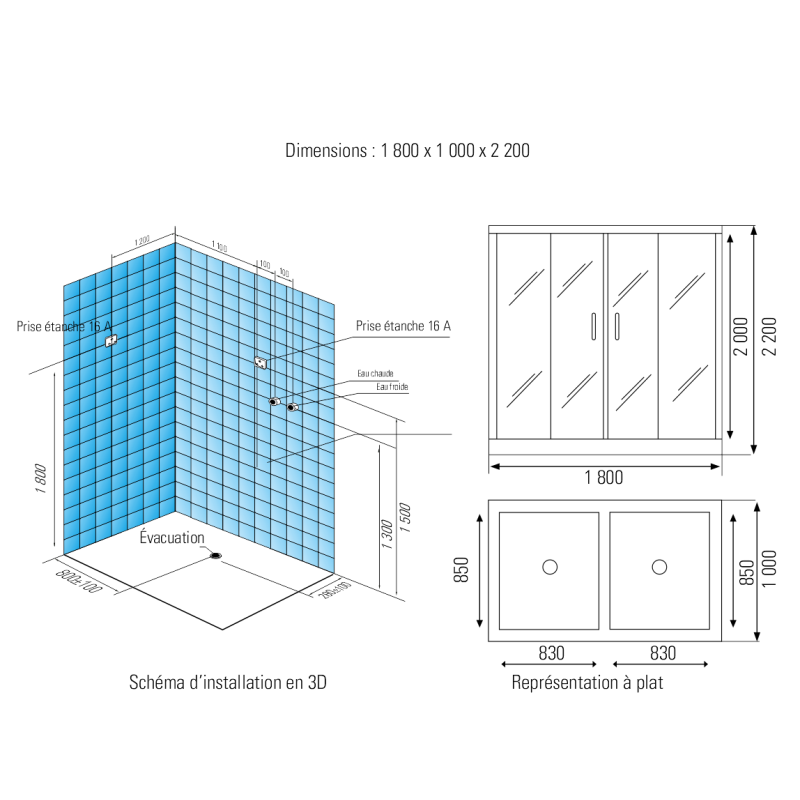 Combi Sauna Infrarouge Douche Hammam Boreal® IR-H 180G - Gauche