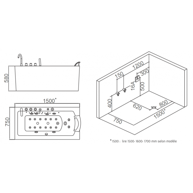 Baignoire balneo HAMILTON 170 ZELAND® 170x75 - Angle droit