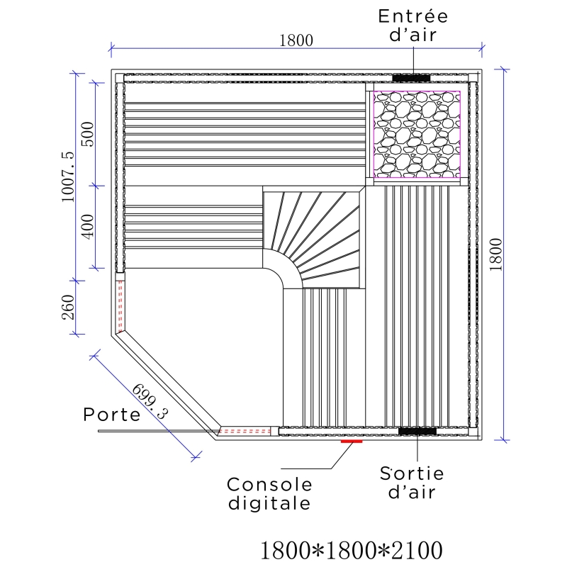 Schéma Sauna Boreal® Aura  180C - 180*180*210